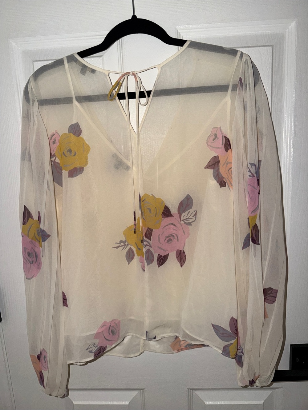 Massimo Dutti Cream Sheer Blouse with Pink and Yellow Rose Print - Picture 3 of 3
